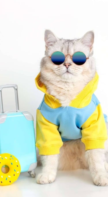 Un gato peludo con gafas de sol y una sudadera con capucha junto a una maleta azul y un juguete con 