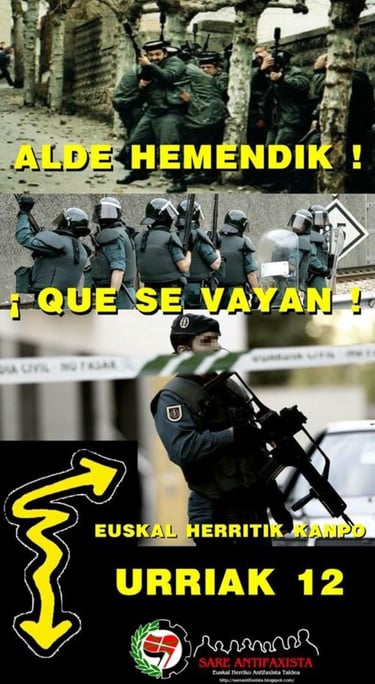 Cartel con fotos de guardias civiles en acción, con lemas antifascistas y llamados a su expulsión.