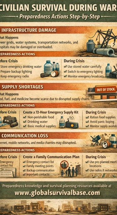 civilian survival war preparedness infographic showing how to survive conflict and crisis situations