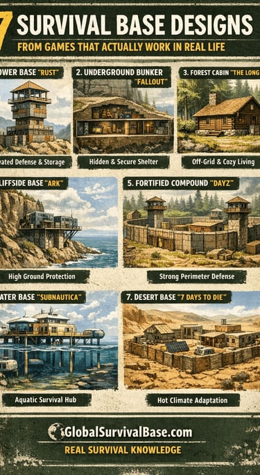 survival base designs infographic showing bunker and shelter ideas for crisis situations