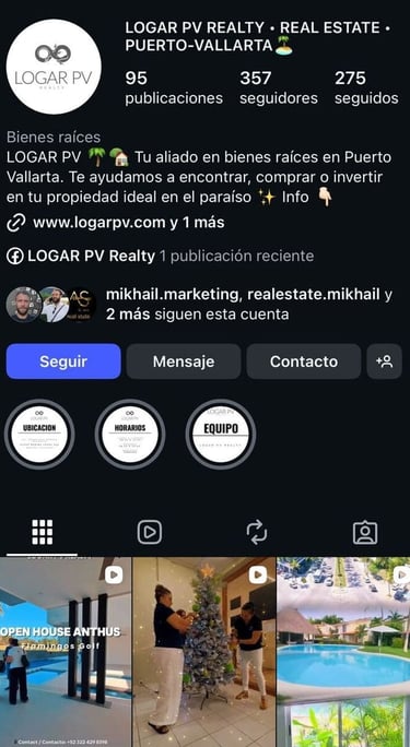 Perfil de Instagram de Logar PV Realty, agencia inmobiliaria de Puerto Vallarta que ofrece listados de propiedades de lujo.