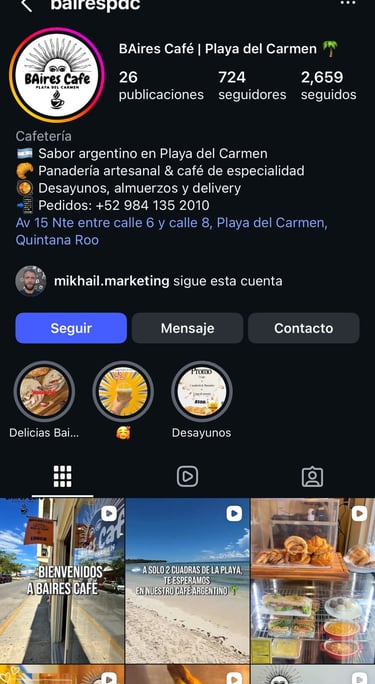 Perfil de Instagram de BAires Café, una panadería y cafetería de especialidad argentina en Playa del