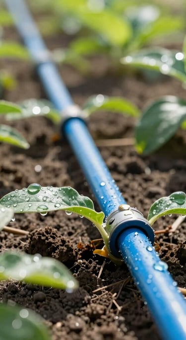 Close-up of a clean drip irrigation system nestled in rich soil under bright Amman morning sun, water droplets glistening on green leaves, sharp focus, vibrant editorial photography