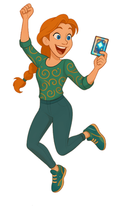 a female cartoon character holding an expensive trading card