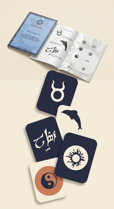 A collection of temporary tattoo design cards and an open art book featuring symbols like Taurus and Yin Yang.