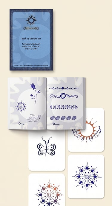 A collection of temporary body art designs featuring floral, tribal, and Celtic tattoo patterns.