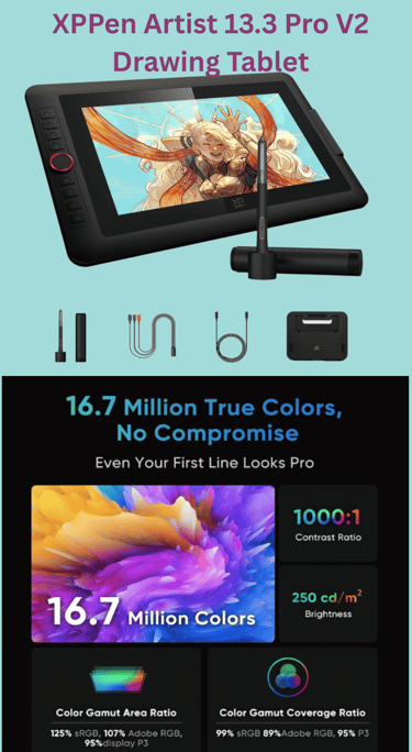XPPen Artist 13.3 Pro V2 drawing tablet with stylus and color gamut technical specifications.