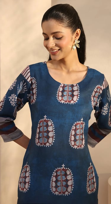 blue cotton straight kurta tryshopy