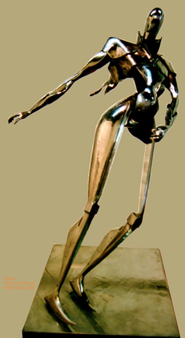a chrome plated steel sculpture of a futuristic man skating