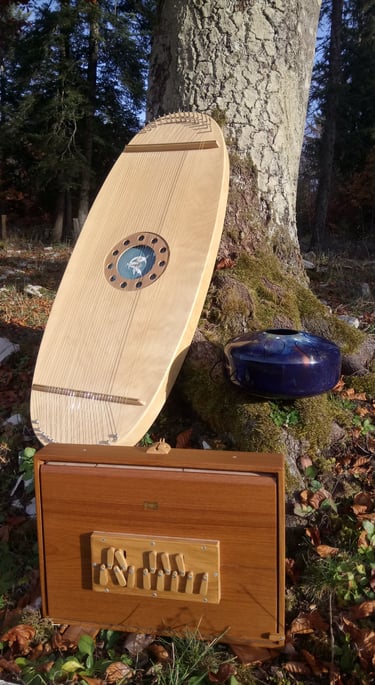 Harpe des elfes, kingonki et shrutibox en pleine nature