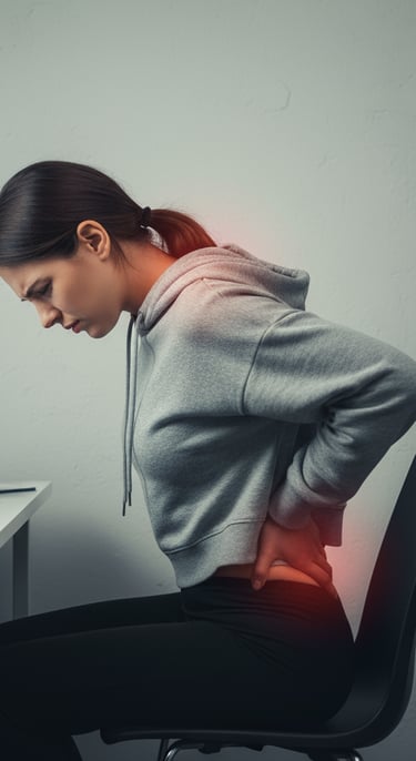 a woman sitting at a desk with a laptop suffering back pain and bad posture for sitting long