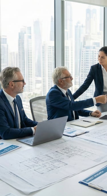 Team of senior consultants collaborating on a strategic blueprint in a modern UAE office
