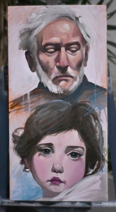 Retrato figurativo al óleo sobre lienzo, con pinceladas sueltas y expresivas que capturan emociones 