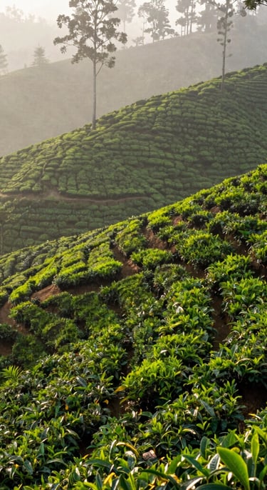 High-angle editorial corporate photography of misty highland tea plantation in Sri Lanka, deep forest greens, soft natural morning light, 35mm lens