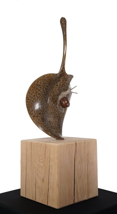 Bronze On Oak Sculpture Of Snail On Hosta Leaf By Mark Richard Hall