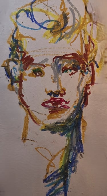 Abstract expressionist oil pastel portrait featuring bold, colorful strokes of yellow, blue, and red.
