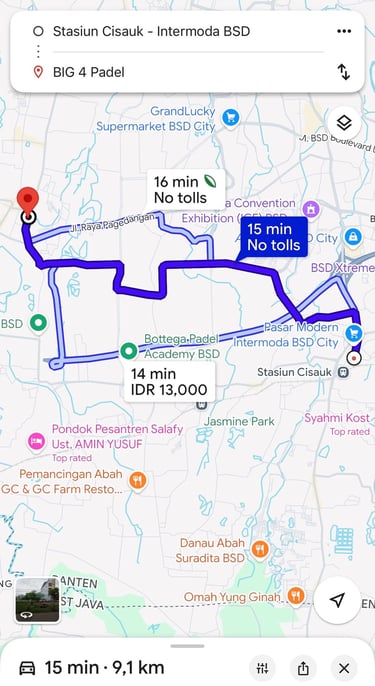 jarak waktu tempuh dari stasiun cisauk intermoda bsd ke big4padel