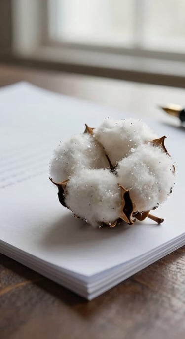 Macro crop of a heavy cotton paper document on a dark wood table, a fountain pen resting on the margin, diffused architectural light from a high window