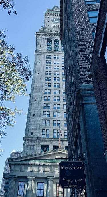 the black rose restaurant in front of the Boston custom building