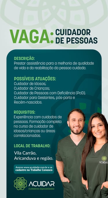 Trabalhe conosco, estamos contratando cuidadores profissionais com experiência.