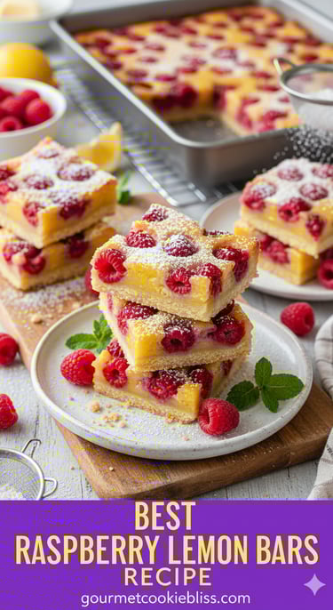 A close-up overhead shot of moist and chewy raspberry lemon bars on a white plate, topped with fresh