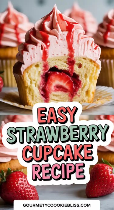 Close-up of a strawberry-filled vanilla cupcake with buttercream frosting and strawberry drizzle,.