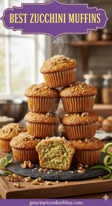 A towering pyramid of warm, golden BEST ZUCCHINI MUFFINS on a dark slab, one muffin torn open.