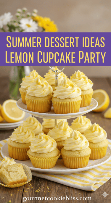 A beautiful display of lemon cupcakes with zesty buttercream on a tiered stand, perfect for a party.