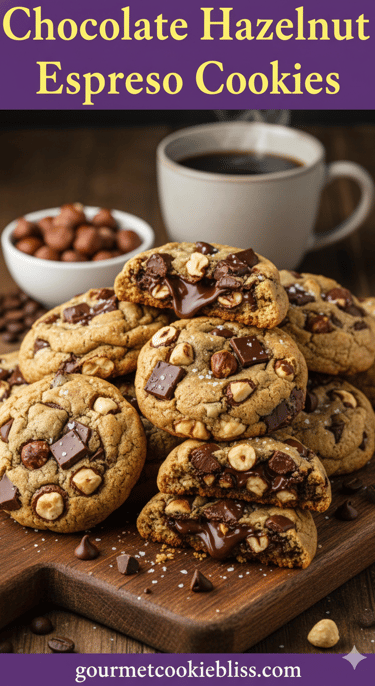 A delicious display of hazelnut espresso chocolate chip cookies on a wooden board.