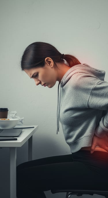 a woman sitting at a desk with a laptop suffering back pain and bad posture for sitting long