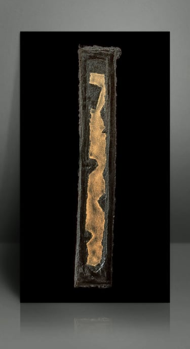 Vertical abstract mixed media art featuring textured gold leaf on a black rectangular canvas.