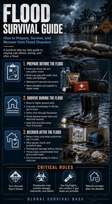 Comprehensive flood survival guide infographic detailing preparation, survival during floods, and recovery safety tips.