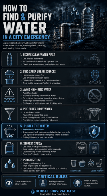 Survival infographic explaining how to find and purify water during a city emergency with 7 actionable steps.