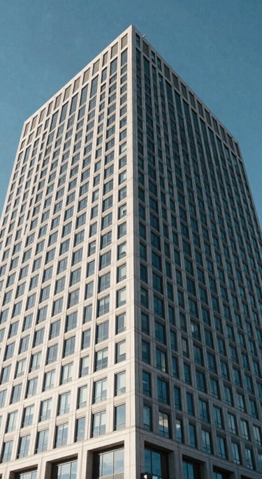 Wide environmental view of a modern architectural office tower in Edmonton under a clear blue sky, clean geometric lines, bright natural light.