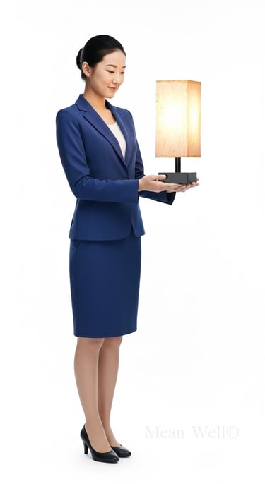 Professional woman in a blue suit holding a modern rectangular table lamp with a soft glow.