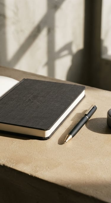 Clean, minimalist product photography of a premium corporate gift set, including a branded notebook, a high-end pen, and a small, elegant tech gadget, arranged on a warm sand-toned surface with architectural lighting, high-contrast shadows, sharp focus.