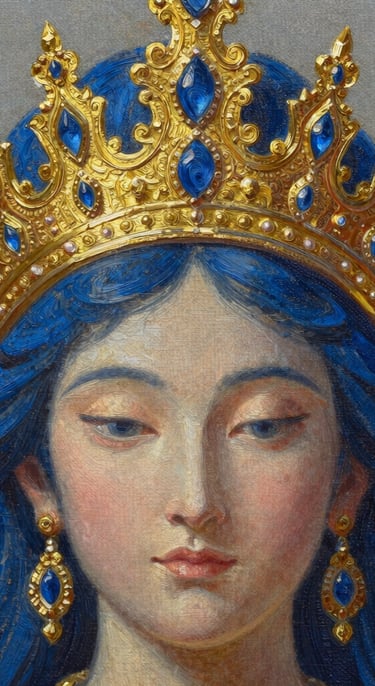 Close-up of a detailed oil painting showing the intricate golden patterns and deep blue textures of a majestic goddess's crown, rich canvas grain, soft side lighting