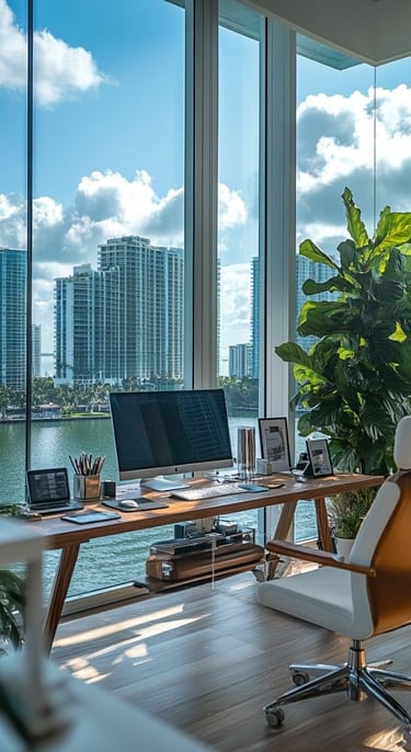 Moderna oficina en Miami con escritorio de madera y vistas panorámicas a la ciudad 