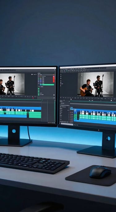 Sleek low-key tech studio setup, dual monitors showing video editing timeline and graphic design software, electric blue neon ambient lighting, 35mm photography