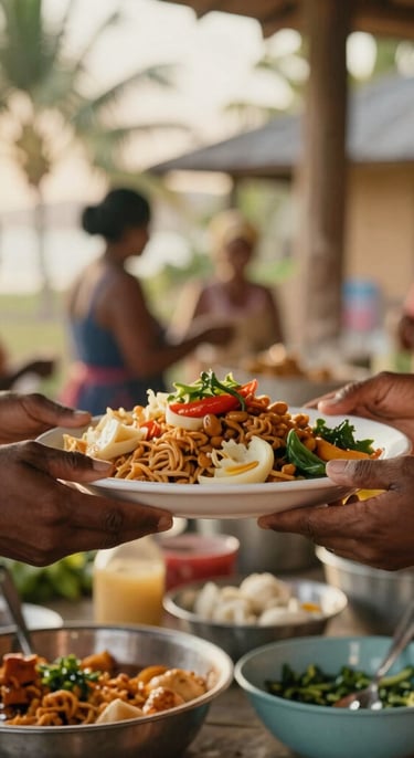 Close-up of hands sharing a warm plate of food in a vibrant community kitchen, tropical golden-hour light, 35mm documentary style.