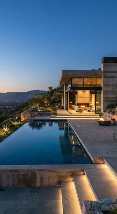 Architectural concrete pool integrated with a modern hillside residence at twilight, clean structural lines, soft landscape lighting, environmental photography