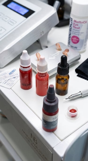 Permanent makeup microblading supplies featuring red lip pigments and a manual nano blade tool.