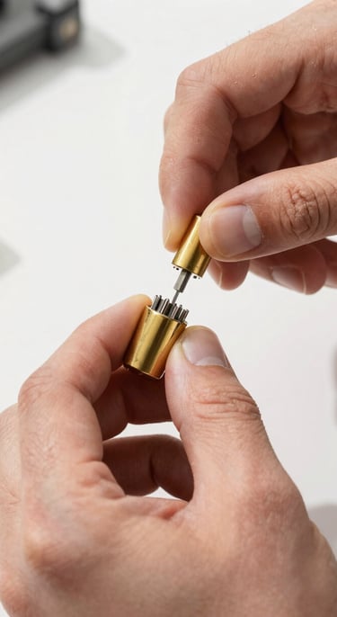 Close-up of a technician's hands rekeying a high-security brass lock cylinder with specialized pins, bright natural daylight, crisp utilitarian focus.