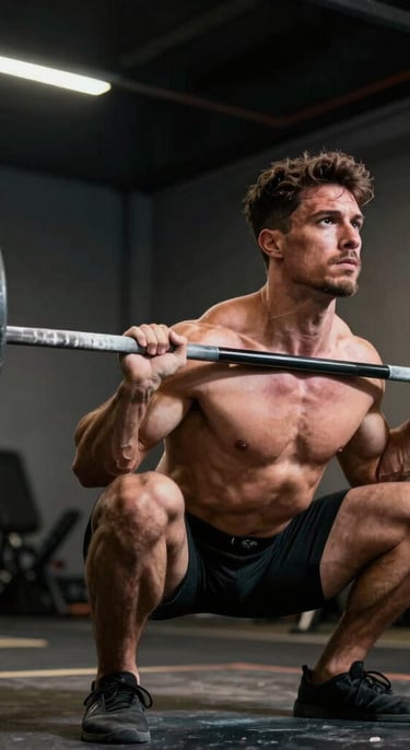 Dynamic low-angle shot of a strength athlete executing a heavy deadlift with perfect form, hands gripping the knurled steel bar, intense focus, high-contrast directional lighting emphasizing muscle definition, dark athletic background.