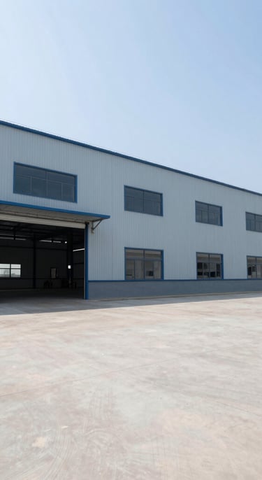 Wide geometric architectural shot of a clean modern industrial factory floor, bright daylight, cool blue tones, sharp focus