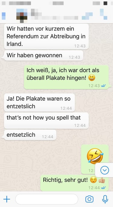a screenshot of a WhatsApp German lesson, learning to discuss advanced topics