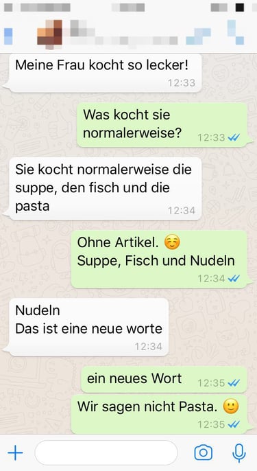 a screenshot of a WhatsApp lesson, learning German, corrections by the tutor