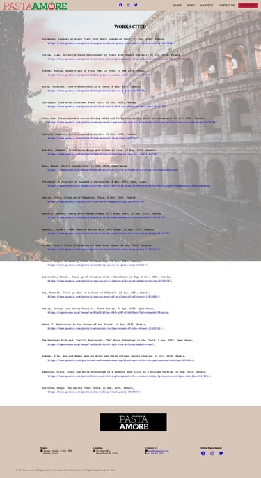 Works Cited webpage design with a background photo of the Colosseum in Rome and references listed above it.