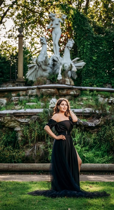 Model posing in elegant black gown near fountain garden, captured by Fred Art Studio.