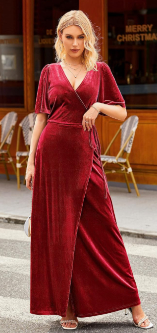 MEROKEETY Women's V Neck Wrap Velvet Maxi Dress Bell Sleeve Split Bridesmaid Cocktail Party Dress